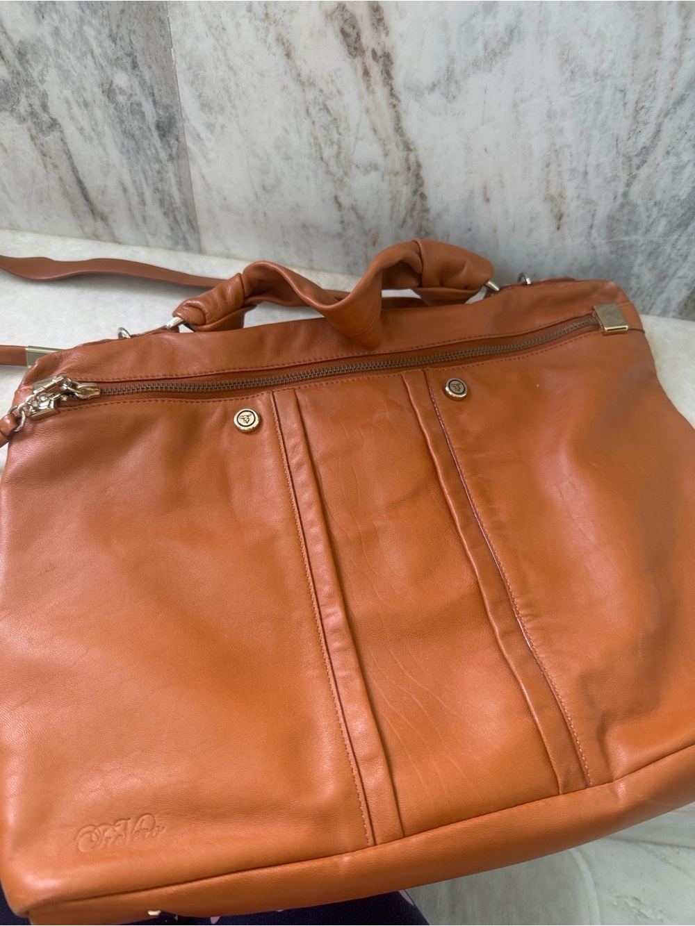Women’s Leather Tote Bag in Cognac Brown, small briefccase size, TreVero